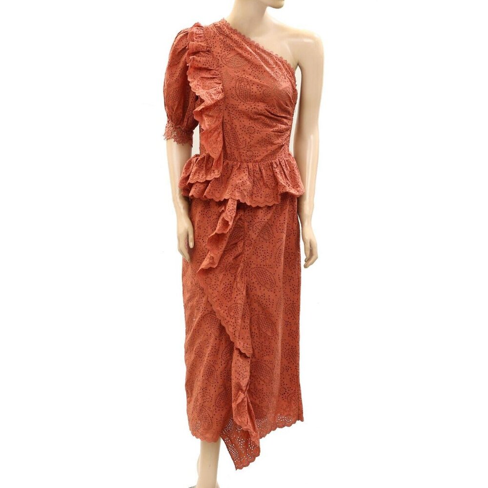 ULLA JOHNSON Twyla One-Shoulder Cascading-Ruffle Midi Dress Evening S New 271001